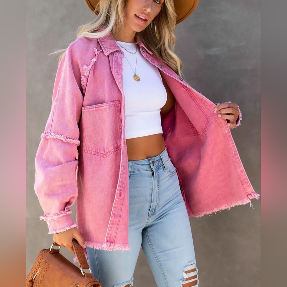Pink Acid Wash Distressed Denim Shacket Star Cutout Frayed. Used Size M - Picture 3 of 11
